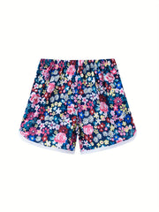 Girls Floral Print Drawstring Pants Summer Sport Shorts