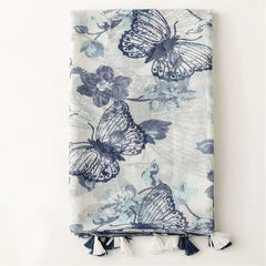 Ink Butterfly Print Grey Scarf 31 50' 70 87' Tassel Shawl Women Head Wrap
