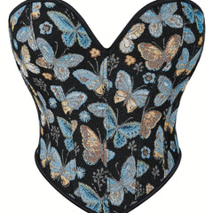 Butterfly Pattern Strapless Corset Tummy Control Lace Up Slimmer Body Shaper