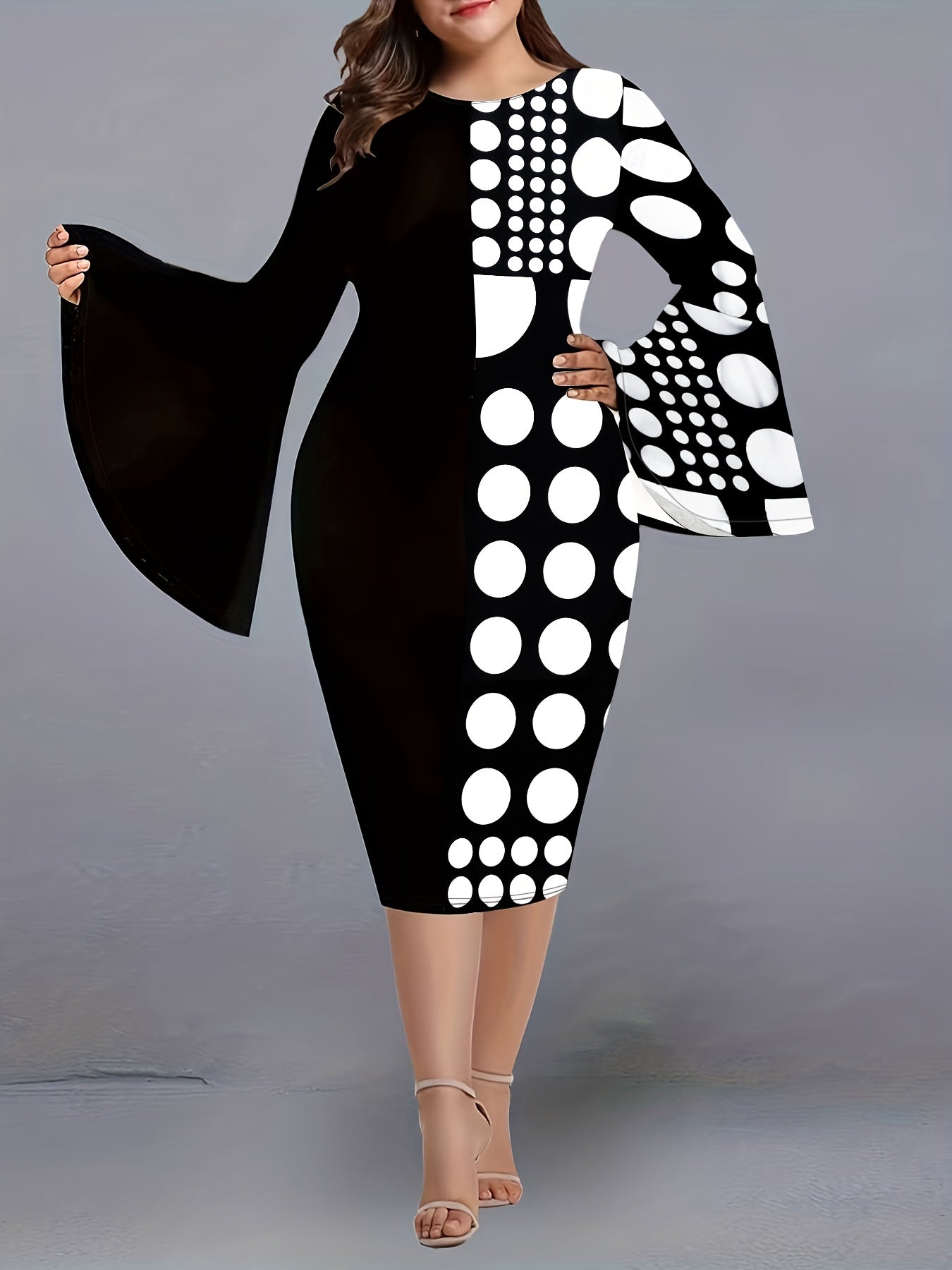 Colorblock Dot Print Bell Sleeve Bodycon Dress