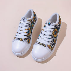 Floral & Leopard Print Lace-Up Low Round Toe Lightweight Flat Shoes