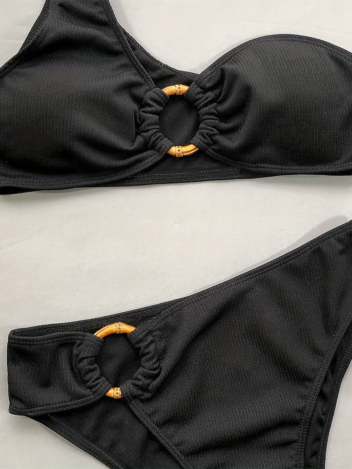 Asymmetrical Rib Knit Bikini Set Solid Ring Two Piece Swimsuit Women's Swimwear