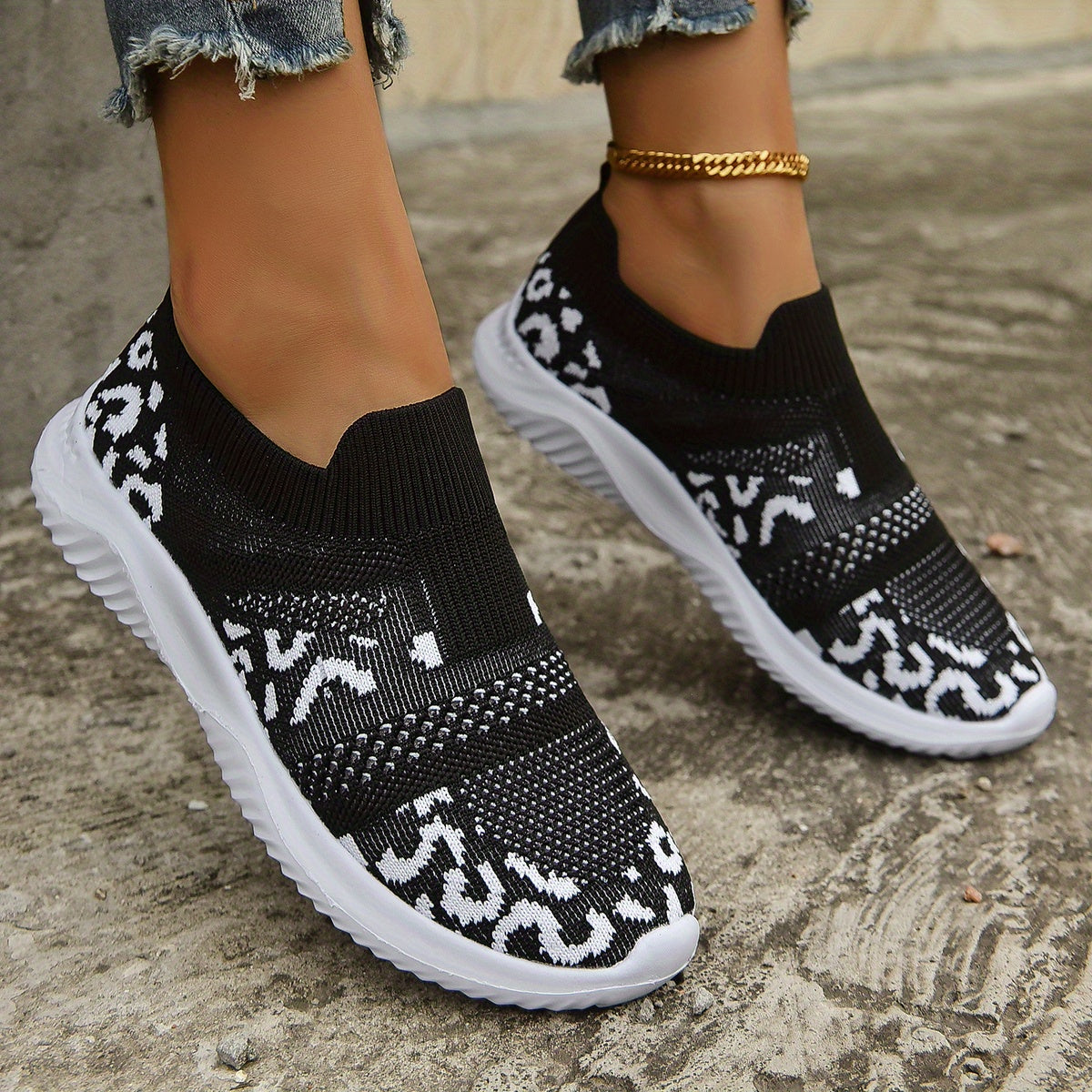 Leopard Print Slip On Sock Shoes Lightweight Sneakers