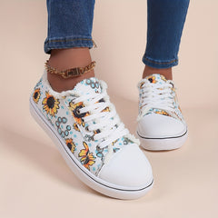Sunflower Print Canvas Lace Up Sneakers Women