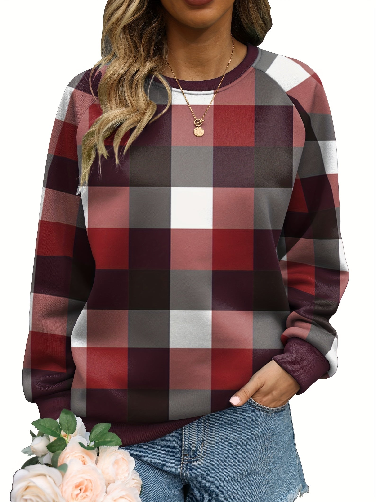 Plaid Pattern Crew Neck Sweatshirt for Women