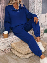 Solid Long Sleeve Lapel Collar Pullover & Joggers Set