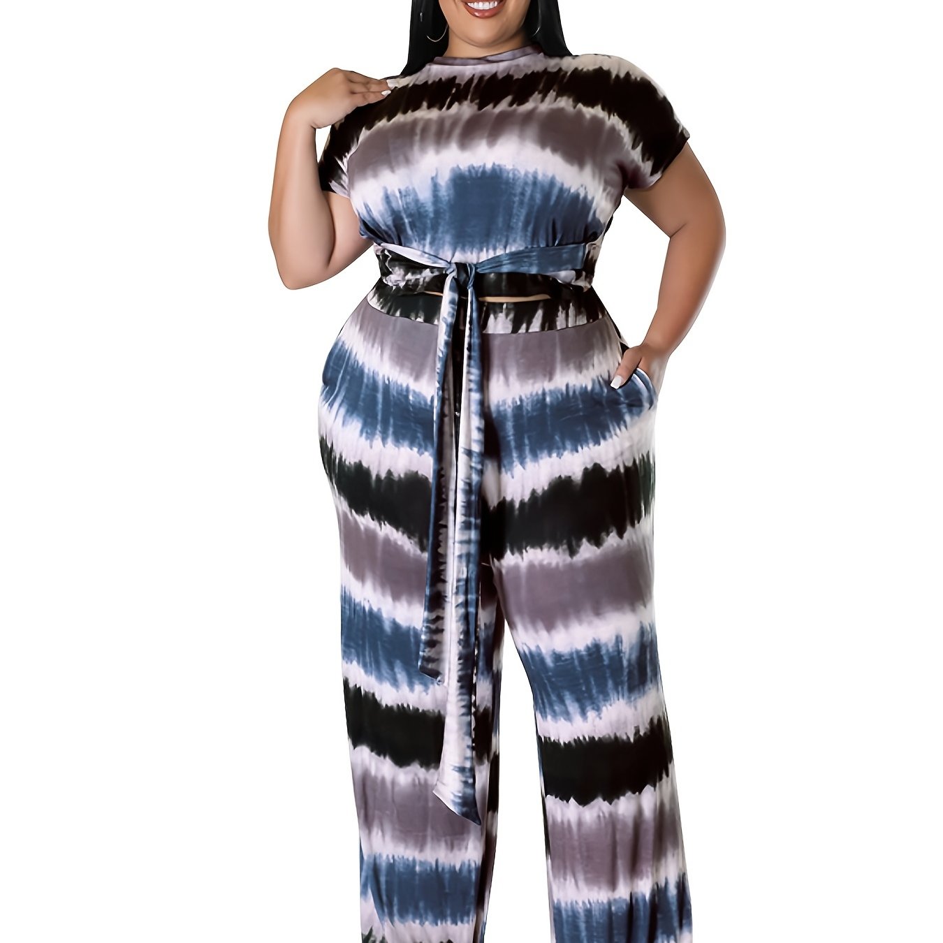 Tie Dye Short Sleeve Belted Crop Top & Loose Pants Set