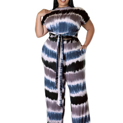 Tie Dye Short Sleeve Belted Crop Top & Loose Pants Set