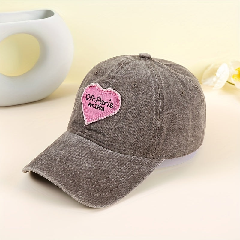 Paris Embroidery Baseball Cap Gray Heart Patch Distressed Dad Hat