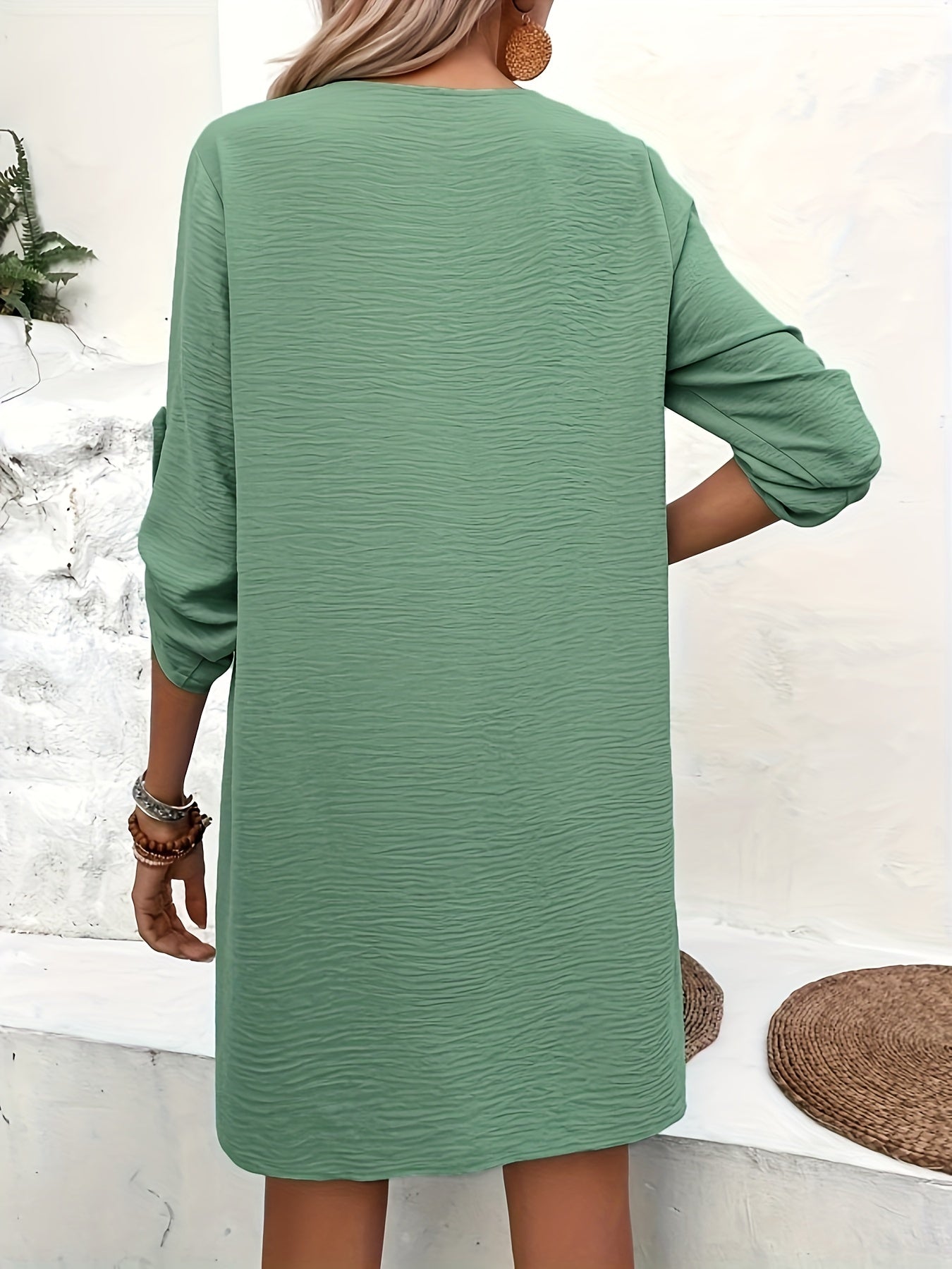 Solid V Neck Button Front Dress Women's Clothing