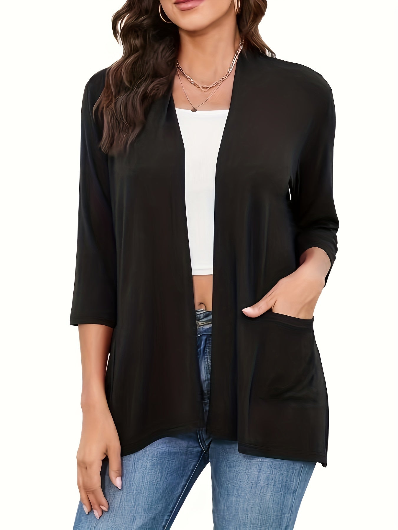 Casual Cardigan Women's Plus Solid Half Sleeve Open Front