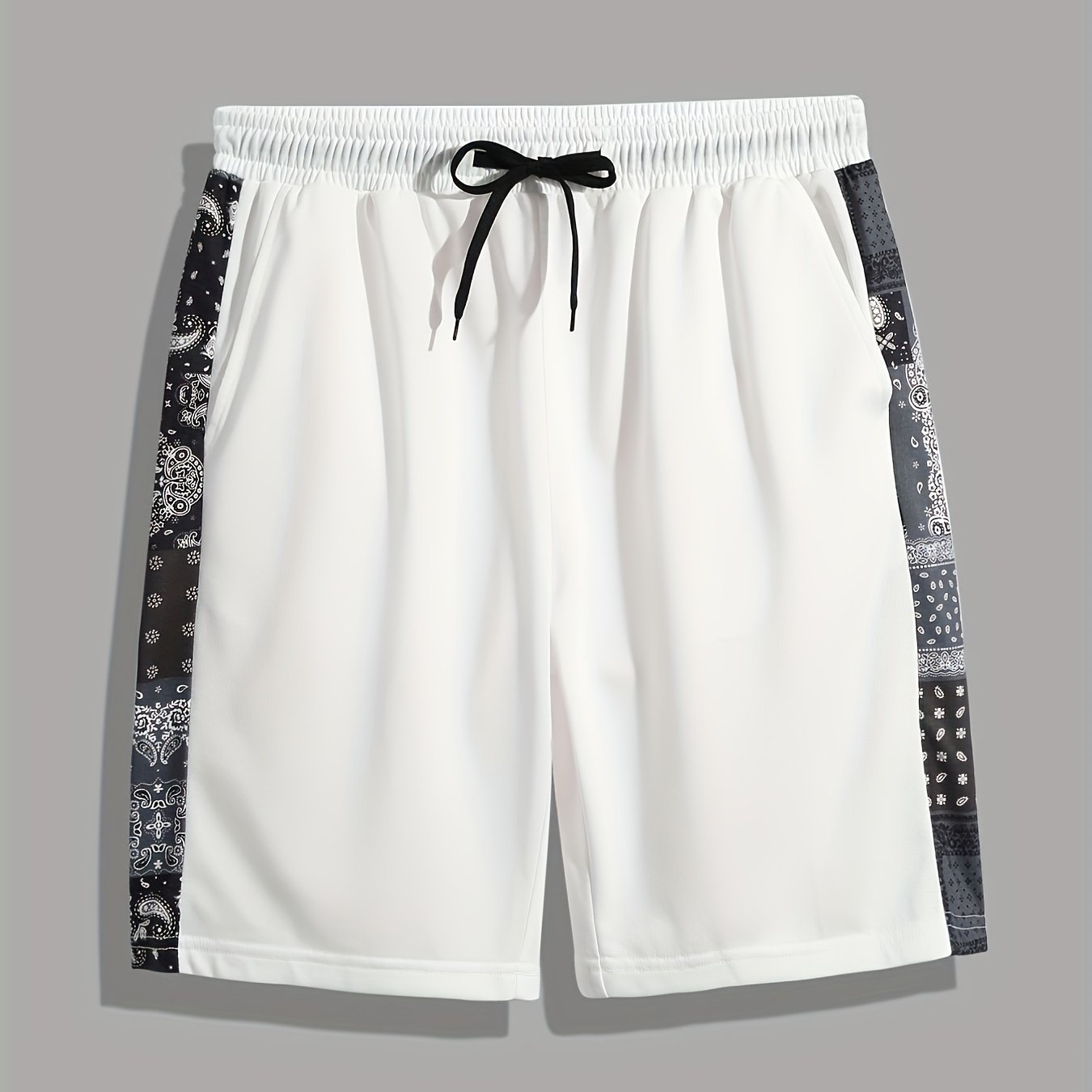 Men's Paisley Stripe Shorts Casual Solid Elastic Drawstring Shorts