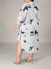 Newspaper Pattern Long Sleeve Casual Dress Shirt Dress