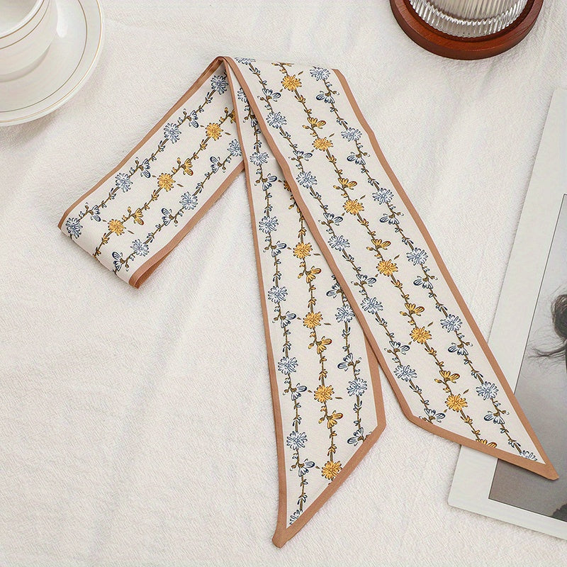 Yellow Floral Print Skinny Scarf Silky Long Ribbon Neckerchief Classic Satin