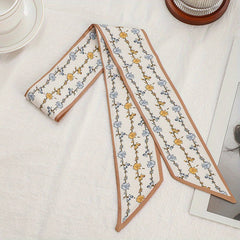 Yellow Floral Print Skinny Scarf Silky Long Ribbon Neckerchief Classic Satin