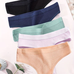 5pcs Ribbed Thongs Soft Comfy Low Waist Panties Women's Lingerie & Underwear