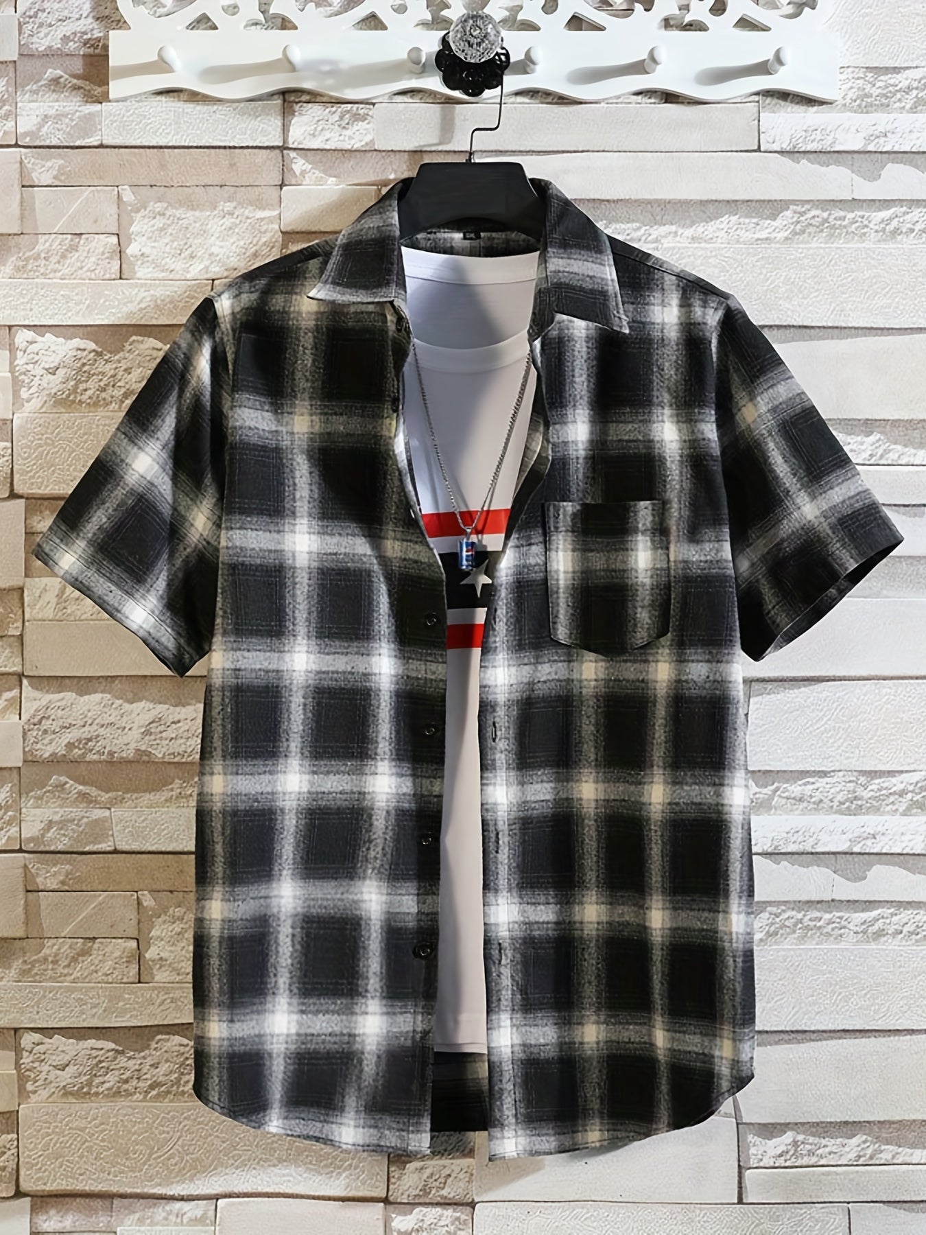 Plaid Print Men's Short Sleeve Shirt with Chest Pocket