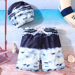 Boys Swim Trunks & Swim Hat 2pcs Ocean Digital Print Elastic Waist Beach Pants