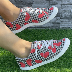 Heart & Checked Print Canvas Skate Shoes