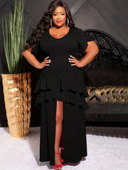 Short Sleeve V Neck Ruffle Prom Dress
