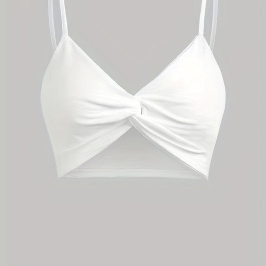 Solid V Neck Bikini Top Twisted High Stretch Spaghetti Straps Beachwear Top