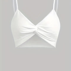 Solid V Neck Bikini Top Twisted High Stretch Spaghetti Straps Beachwear Top
