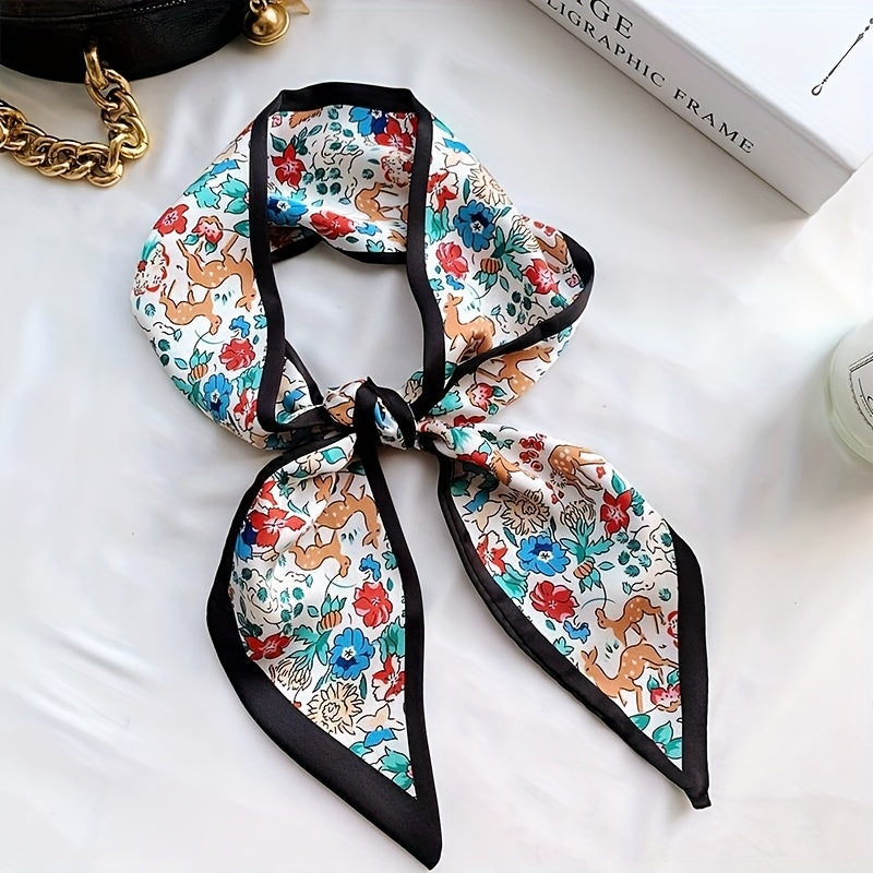 Green Floral Print Skinny Scarf Silk Hair Ribbon Satin Neckerchief Twilly Scarf