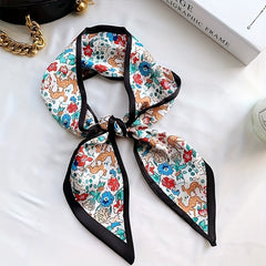 Green Floral Print Skinny Scarf Silk Hair Ribbon Satin Neckerchief Twilly Scarf