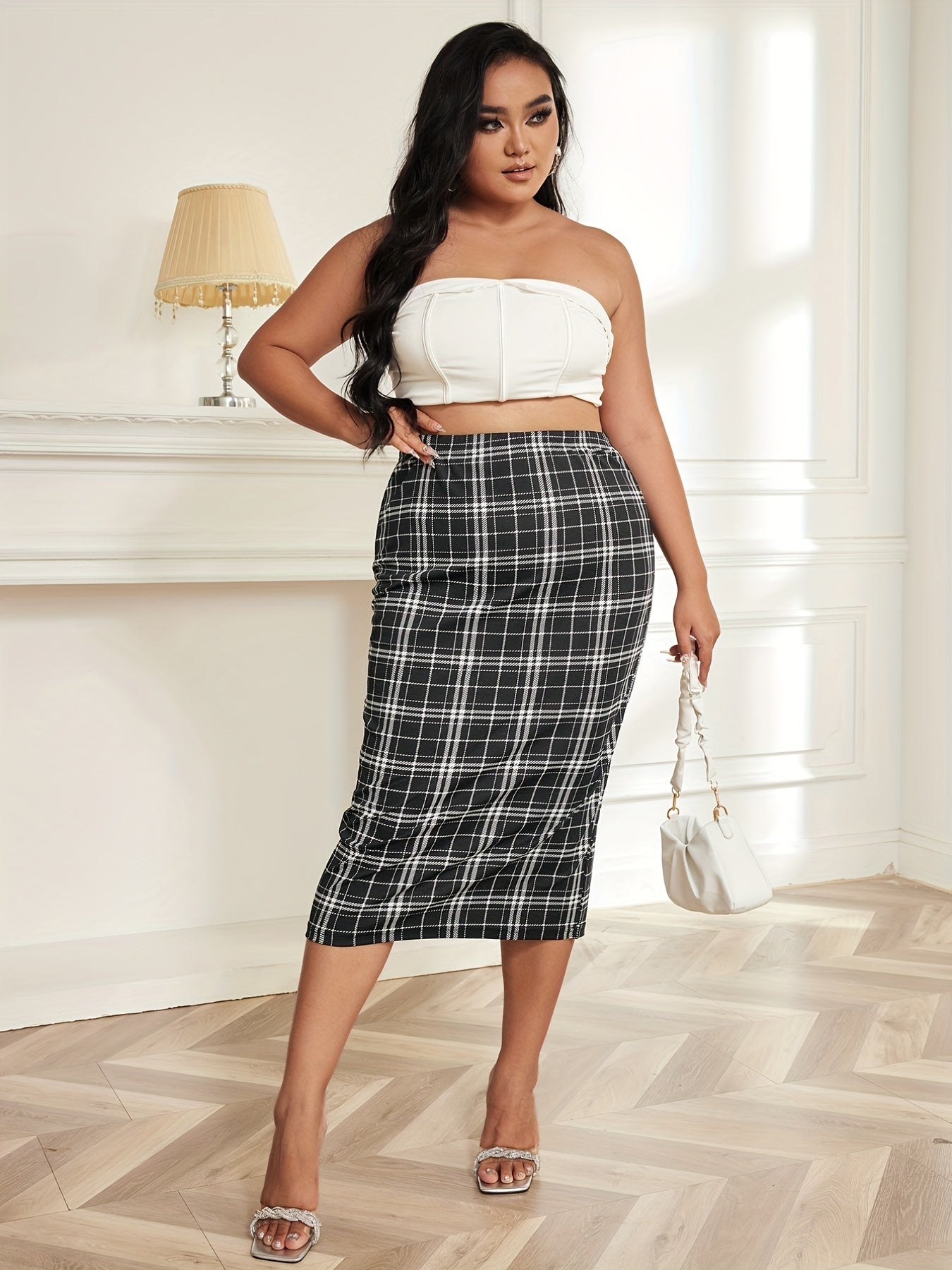 Women's Plus Plaid Print High Rise Slim Fit Midi Skirt