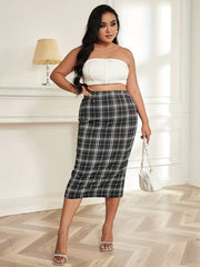 Women's Plus Plaid Print High Rise Slim Fit Midi Skirt