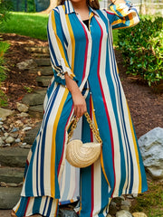 Women's Plus Size Colorblock Stripe Print Blouse & Wide Leg Pants Set