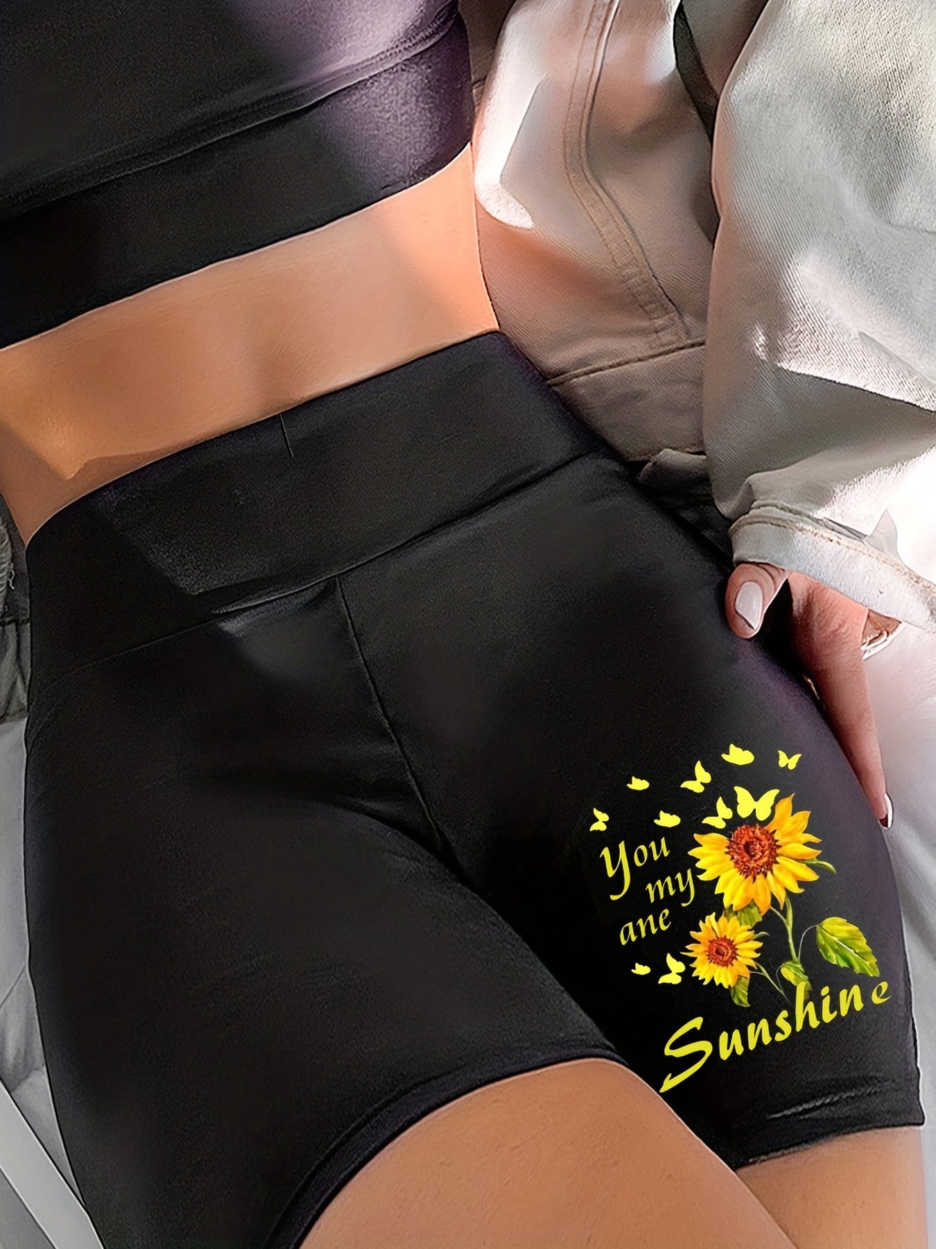 Sunflower Print Biker Shorts High Waist Leggings