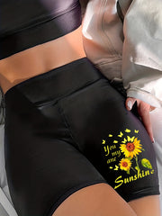 Sunflower Print Biker Shorts High Waist Leggings