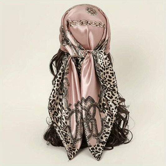 Leopard Chain Print Square Scarf Satin Bandana Hijab Women Head Wraps