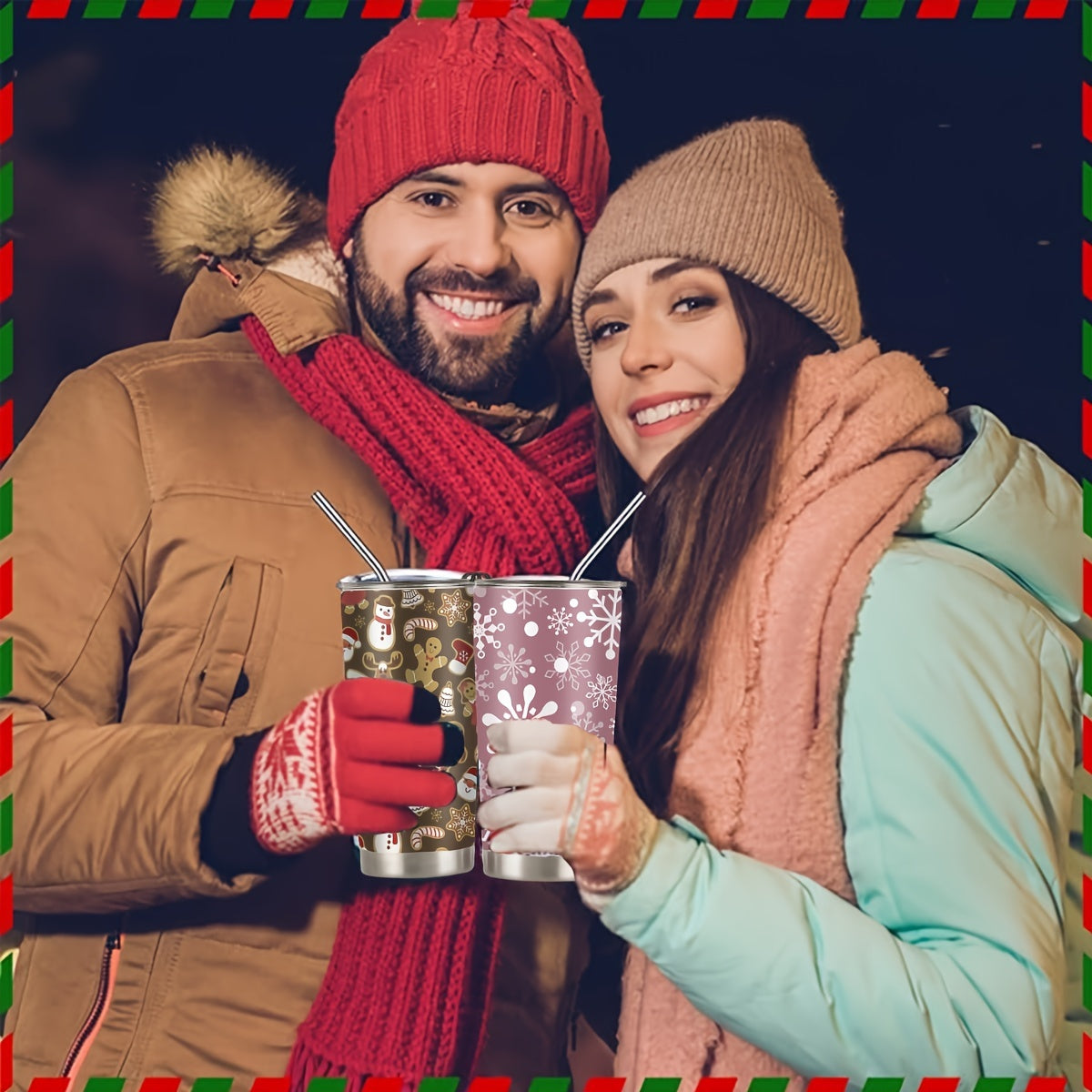 Christmas Printed Stainless Steel Tumbler 590ml with Straw