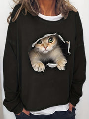 Cat Print Crew Neck Sweatshirt Casual Long Sleeve Sweatshirt For Spring & Fall