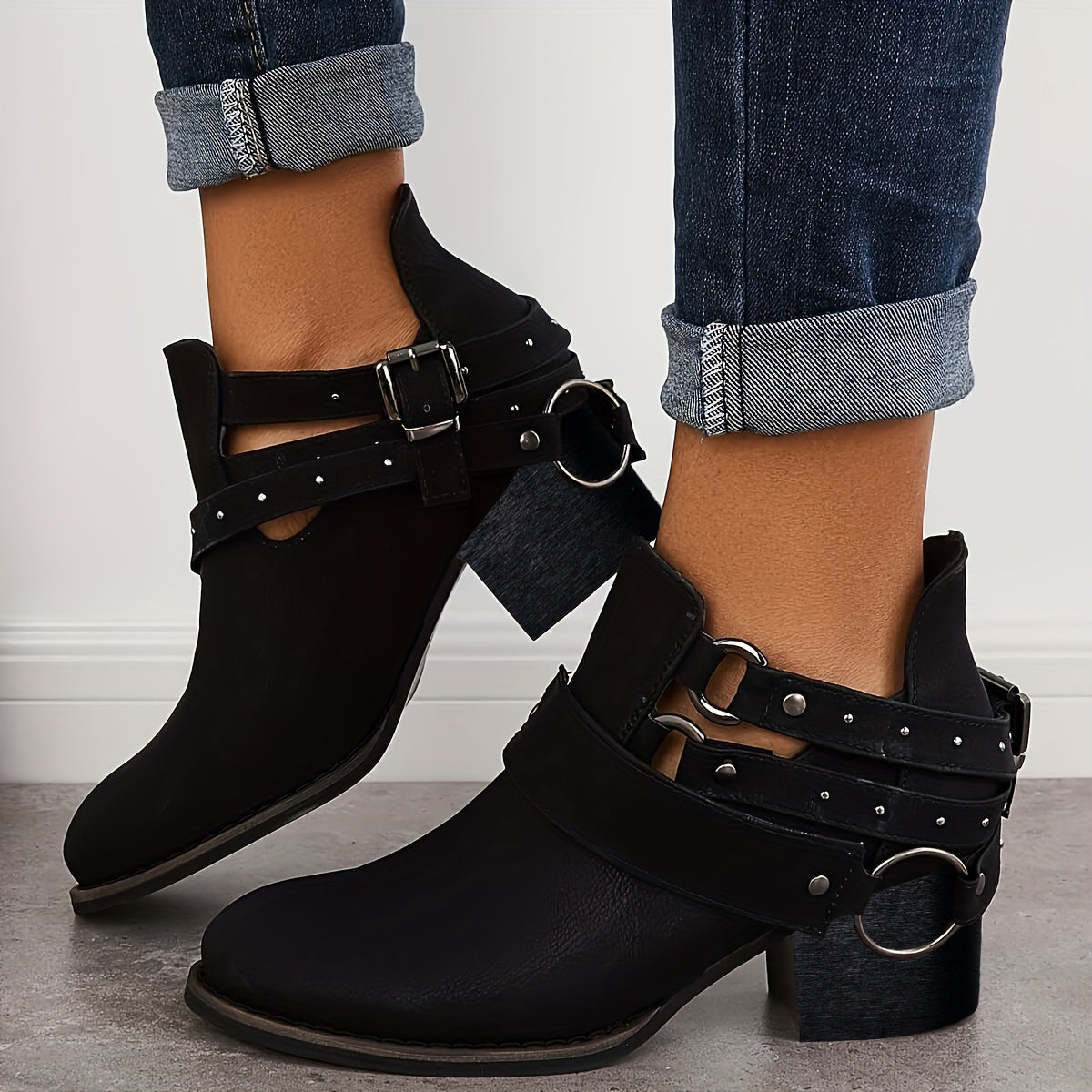 Women's Chunky Heel Ankle Boots with Metal Buckle Decor