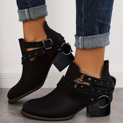 Women's Chunky Heel Ankle Boots with Metal Buckle Decor