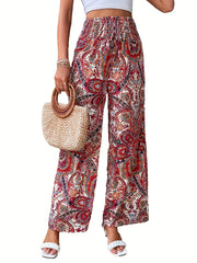 Floral Print Wide Leg Pants Casual Shirred Waist Pants