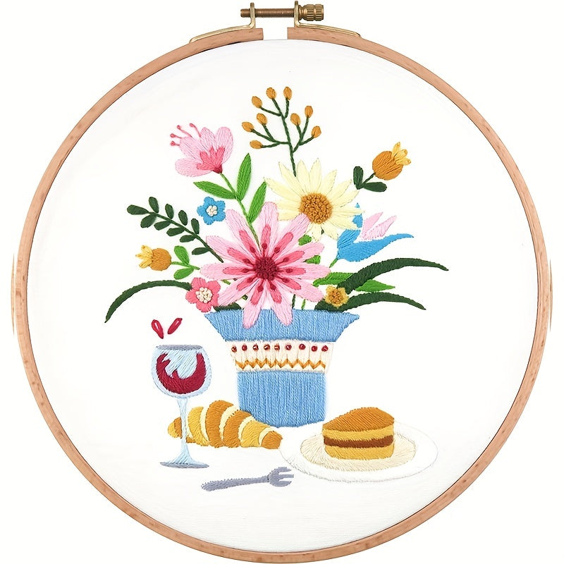 DIY Flower Embroidery Kit w/ Wrapping Paper Cloth & Hoop Threads - 2pcs