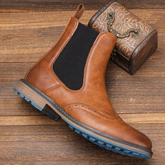 Men's Brogue Slip On Chelsea Boots Round Toe Ankle Boots