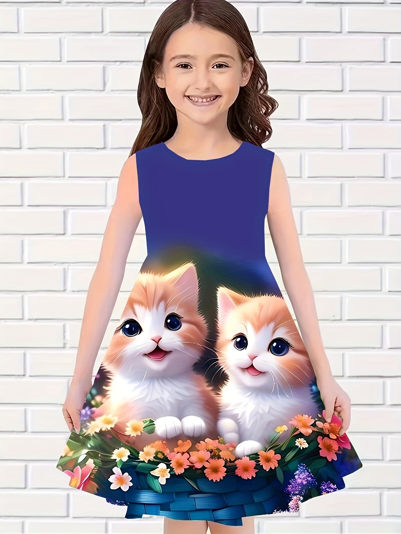 Girls Flower & Cat Sleeveless Dress for Summer Party