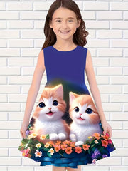 Girls Flower & Cat Sleeveless Dress for Summer Party