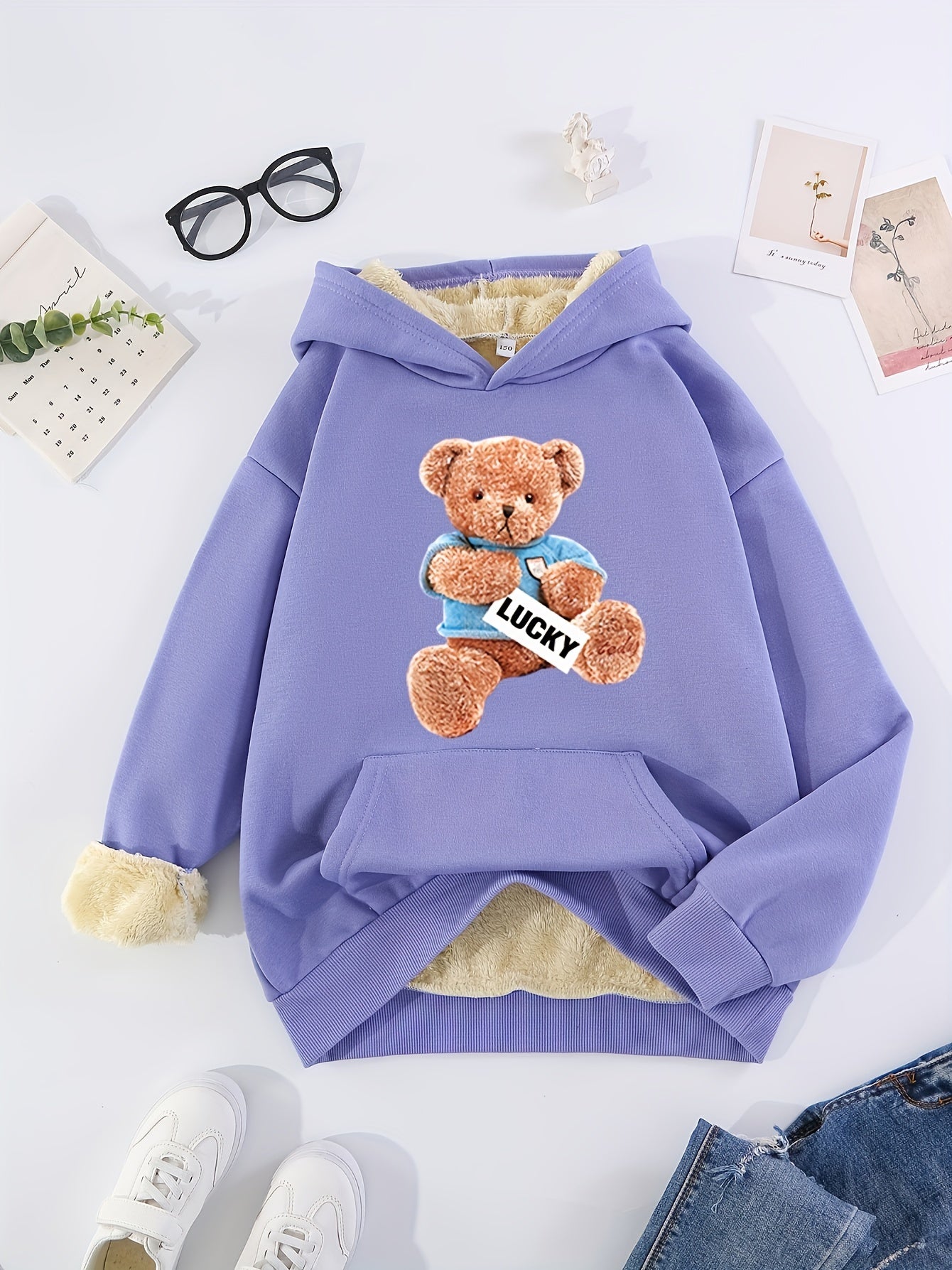 Girls Bear Print Warm Winter Hoodie Plush Pullover Sweatshirt