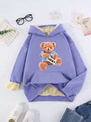 Girls Bear Print Warm Winter Hoodie Plush Pullover Sweatshirt