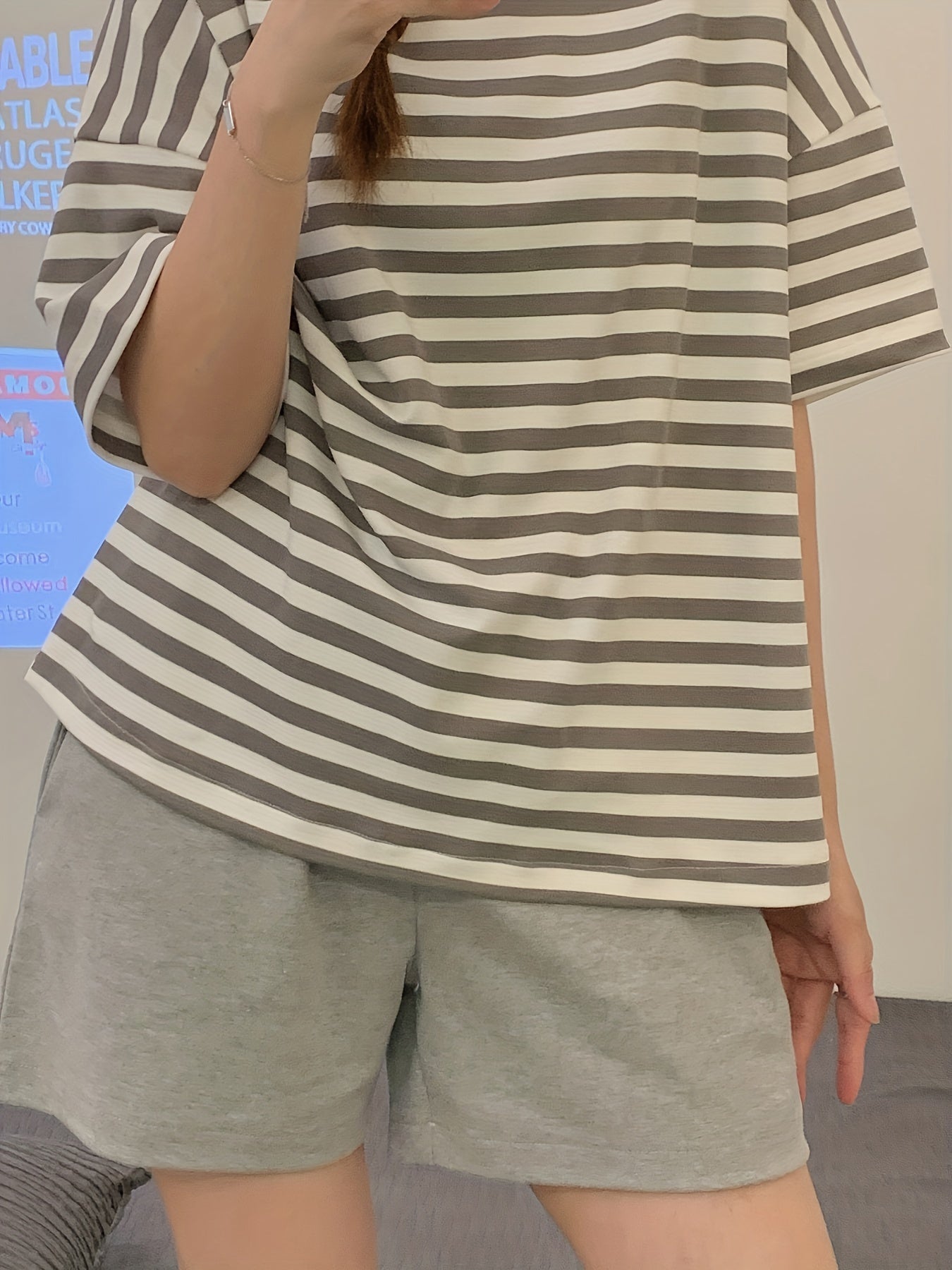 Striped Print Pajama Set Short Sleeve Crew Neck Top & Elastic Waistband Shorts