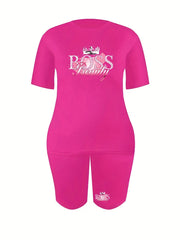 Women's Plus Letter Print Crop Top & Shorts Set