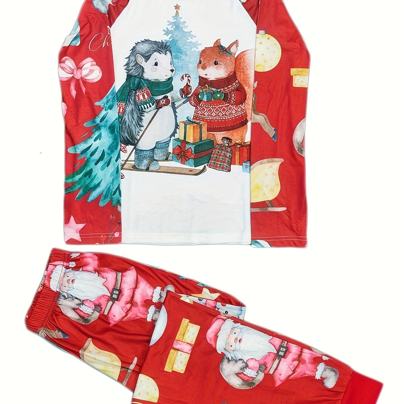 Christmas Print Pajama Set Long Sleeve Crew Neck Top & Elastic Waistband Pants
