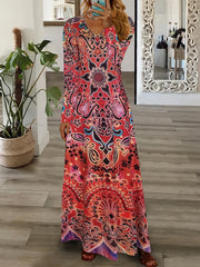 Ethnic Floral Print Dress V Neck Maxi Dress Women's Clothing