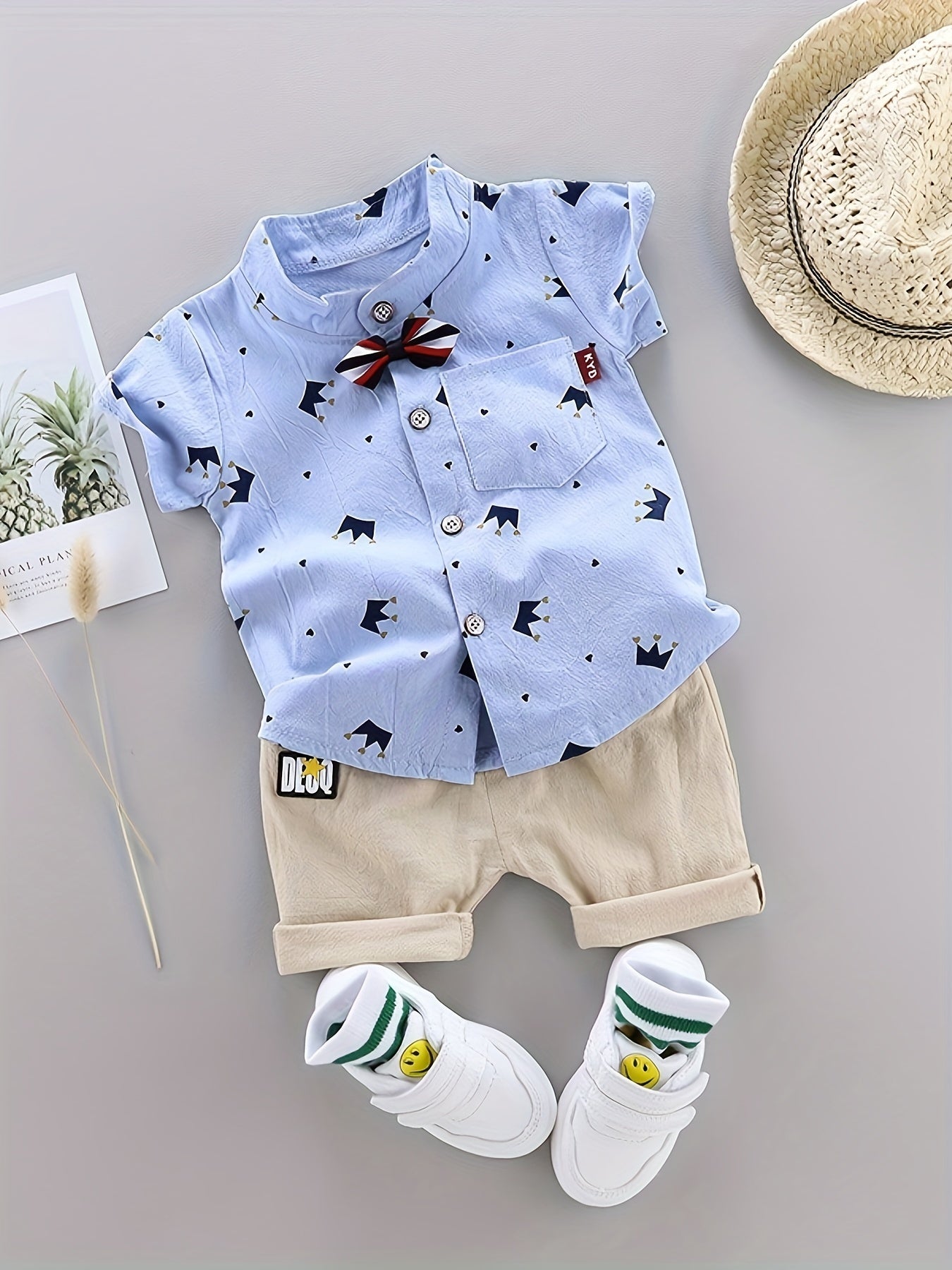 Boys Gentleman Crown Print Shirt&Shorts Set, Summer Kids Clothing